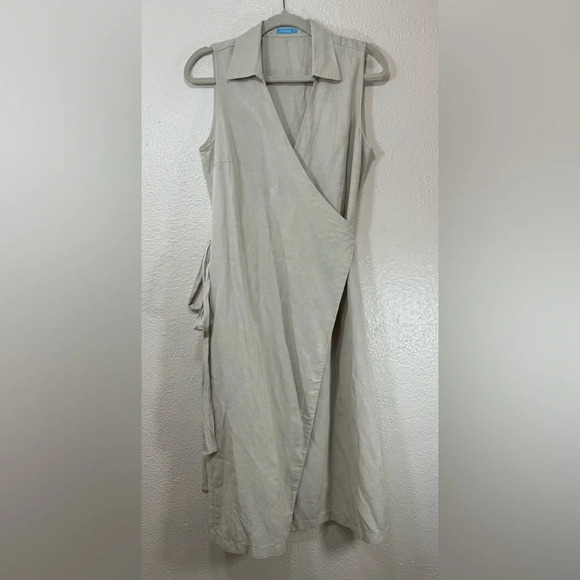 J. McLaughlin Linen Blend Natural Collared Sleeveless Wrap Dress Women’s Medium - Picture 1 of 14
